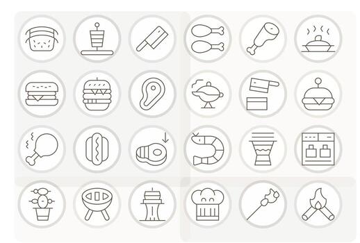 24 High Resolution Thin Line Icons for Grill with Pixel Aligned precision vector