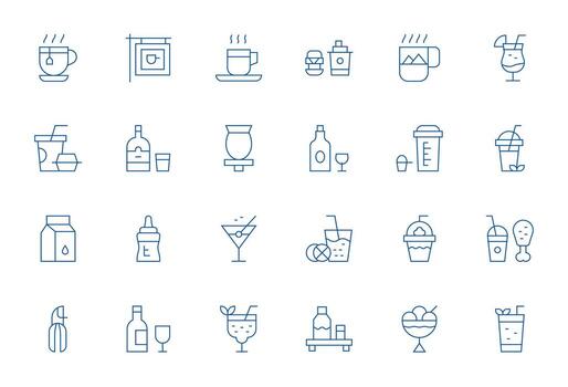bebida visual paquete conteniendo 24 Delgado línea píxel alineado íconos vector