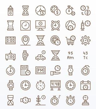 42 Icons for Clock featuring 128x128 PIXEL Perfect Regular Line Graphics vector
