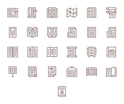 Regular Line Style Brochure Icons with 25 High Resolution Editable Designs vector