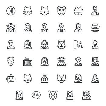 Character Icon Library with 35 Regular Line High Resolution Grid Fitted Designs vector
