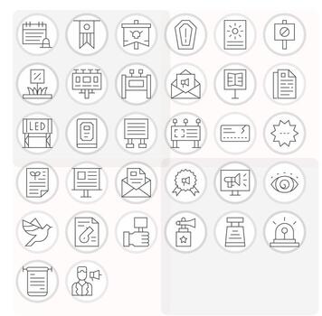32 High Resolution Thin Line Icons for Notice with Pixel Optimized precision vector