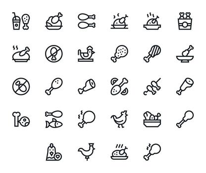 28 High Resolution Bold Line Icons for Chicken with PIXEL Perfect precision vector