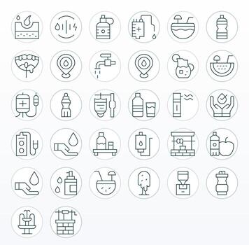 32 PIXEL Perfect Icons themed around Hydration in High Resolution Thin Line format vector