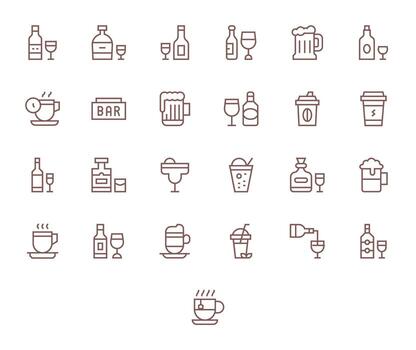 Regular Line Style Drink Icon Icons with 25 128x128 Pixel Optimized Designs vector