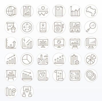 Estadísticas moderno colección con 32 Delgado línea 128x128 píxel alineado íconos vector