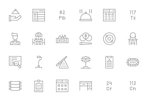 Table Premium Bundle with 24 High Resolution Pixel Optimized Thin Line Icons vector