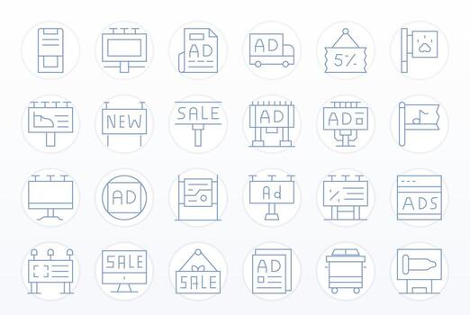 24 Icons for Advertisement optimized in Grid Fitted 256x256 Thin Line resolution vector