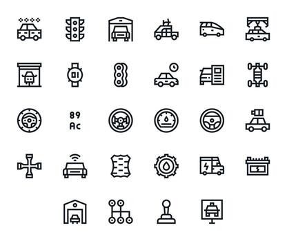 Automobile Visual Pack containing 28 Bold Line Pixel Aligned Icons vector