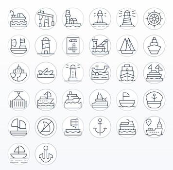 32 High Resolution Thin Line Grid Fitted Icons for Harbor Projects vector