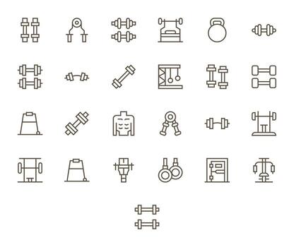 Bodybuilding Icon Library with 25 Regular Line High Resolution Grid Fitted Designs vector