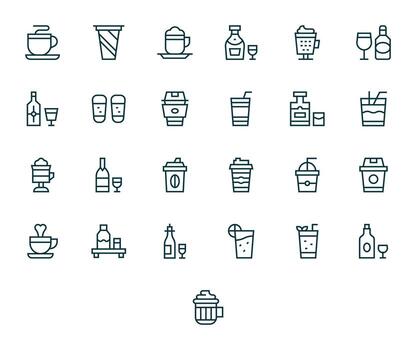 25 Icons for Drinkware featuring 64x64 Pixel Aligned Regular Line Graphics vector