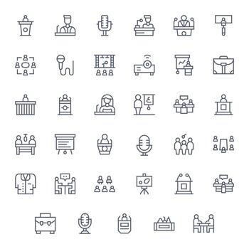 35 PIXEL Perfect Icons themed around Conference in 256x256 Regular Line format vector
