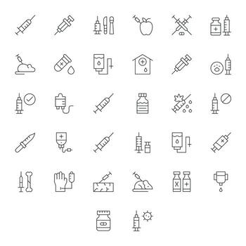 Thin Line Style Injection Icons with 32 128x128 Pixel Aligned Designs vector