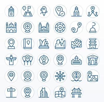 Landmark Icon Library with 35 Regular Line High Resolution Pixel Optimized Designs vector