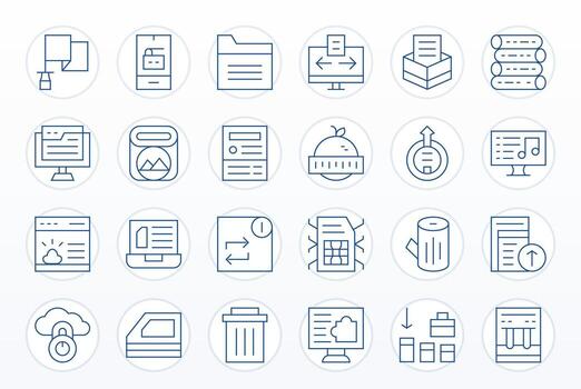 File Management Visual Pack containing 24 Thin Line Grid Fitted Icons vector