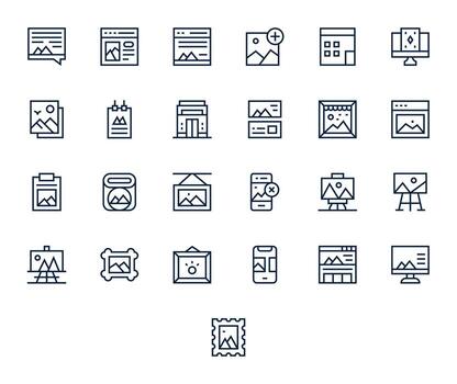 25 Regular Line Pixel Optimized Icons for Gallery Graphics vector