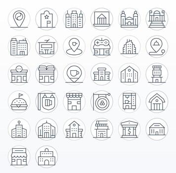 32 Display Perfect Icons themed around Establishment in High Resolution Thin Line format vector