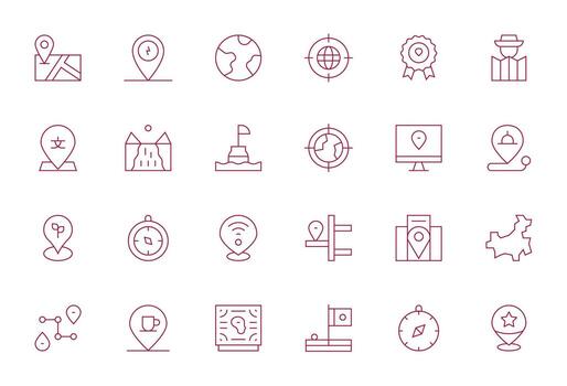 Location Scalable Set featuring 24 Grid Fitted Thin Line High Resolution Icons vector