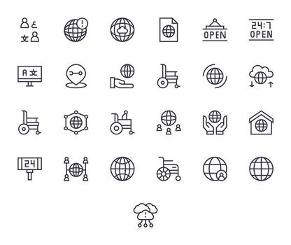 25 regular línea cuadrícula equipado íconos hecho a mano para accesibilidad 128x128 aplicaciones vector