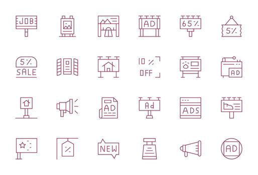 24 PIXEL Perfect Icons themed around Advertisement in Retina Ready Thin Line format vector