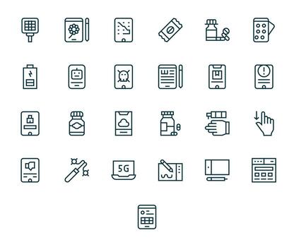 25 Display Perfect Icons themed around Tablet in 64x64 Regular Line format vector