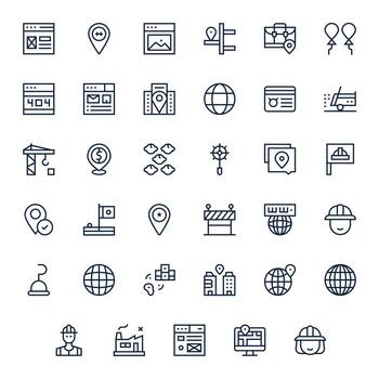 Site Digital Pack containing 35 Grid Fitted Regular Line High Resolution Icons vector