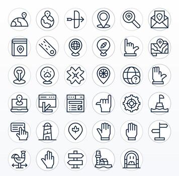 Navigation Visual Pack containing 35 Regular Line Pixel Aligned Icons vector