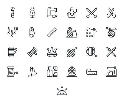 Sewing Comprehensive Bundle with 25 PIXEL Perfect Regular Line High Resolution Icons vector