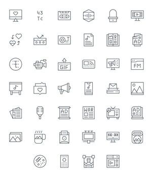 Media Premium Bundle with 40 High Resolution Pixel Optimized Thin Line Icons vector