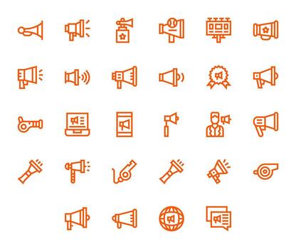 Megaphone Pixel Optimized Set with 28 Retina Ready Bold Line Icons vector