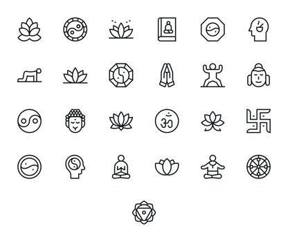 25 Pixel Aligned Regular Line Icons designed for Meditation Interface vector