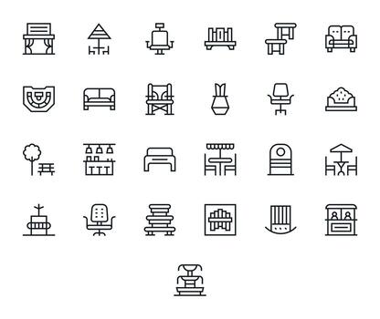 Seating Comprehensive Bundle with 25 Editable Regular Line 64x64 Icons vector