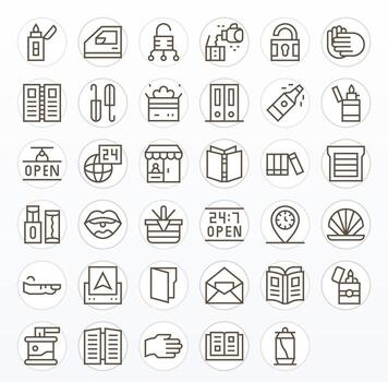 35 Icons for Open featuring High Resolution Pixel Aligned Regular Line Graphics vector