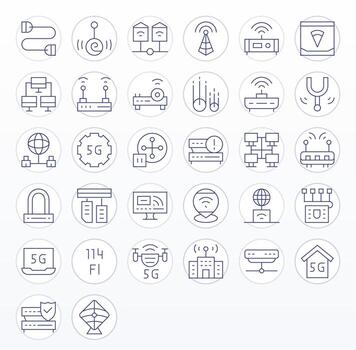 enrutador presentando 32 256x256 íconos en Delgado línea diseño vector