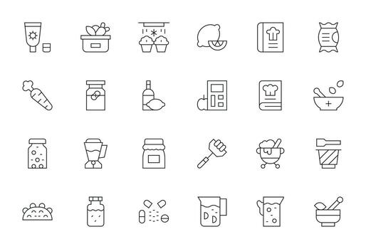 24 Thin Line Icons for Ingredients in crisp 128x128 Pixel Aligned resolution vector