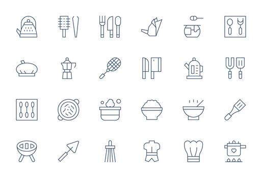 Cookware Icon Arsenal with 24 High Resolution Thin Line Pixel Optimized designs vector