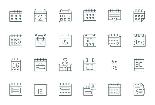 24 Icons for Date featuring 64x64 Grid Fitted Thin Line Graphics vector
