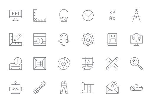 Technical Comprehensive Bundle with 24 Grid Fitted Thin Line High Resolution Icons vector