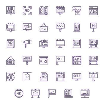35 Icons for Advertisement featuring 128x128 Grid Fitted Regular Line Graphics vector