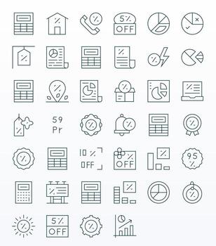 Percentage 256x256 Icon Pack with 40 Thin Line Pixel Aligned Elements vector