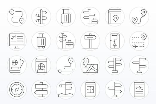 24 Display Perfect Icons themed around Travel Planning in High Resolution Thin Line format vector