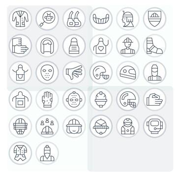 32 High Resolution Thin Line Pixel Aligned Icons for Protective Gear Projects vector