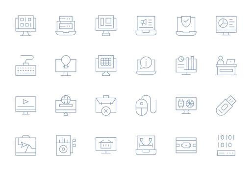 24 Pixel Optimized Icons themed around Computer in 128x128 Thin Line format vector