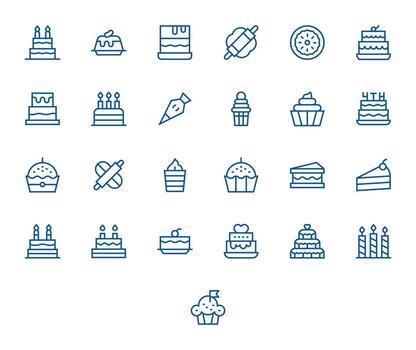 Cake 64x64 Icon Pack with 25 Regular Line Pixel Aligned Elements vector