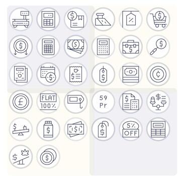 32 PIXEL Perfect Icons themed around Price in 256x256 Thin Line format vector