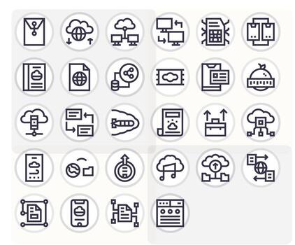28 Display Perfect Icons themed around File Sharing in Retina Ready Bold Line format vector