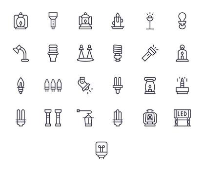 25 High Resolution Regular Line Pixel Optimized Icons for Light Source Projects vector