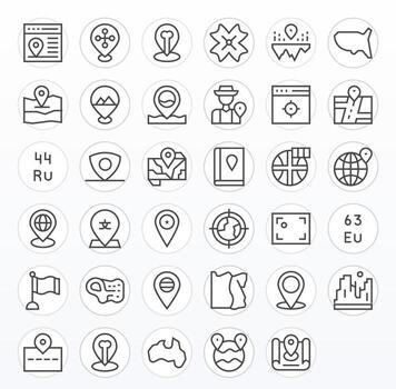 35 Pixel Aligned Icons themed around Region in High Resolution Regular Line format vector