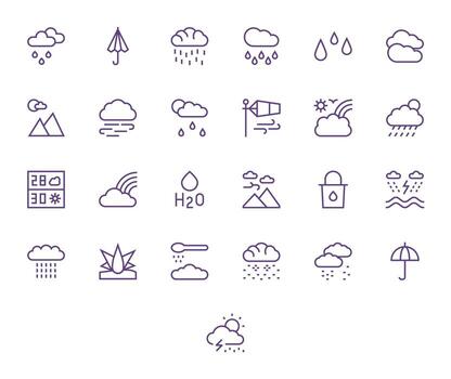 lluvia exhaustivo haz con 25 cuadrícula equipado regular línea 64 x 64 íconos vector